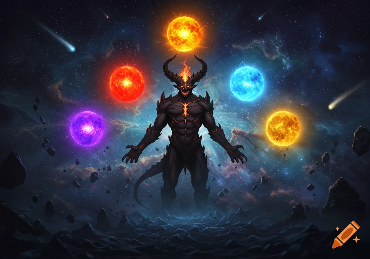 A dark demon with horns and glowing eyes stands in a cosmic astral plane surrounded by five vibrant, glowing energy orbs.