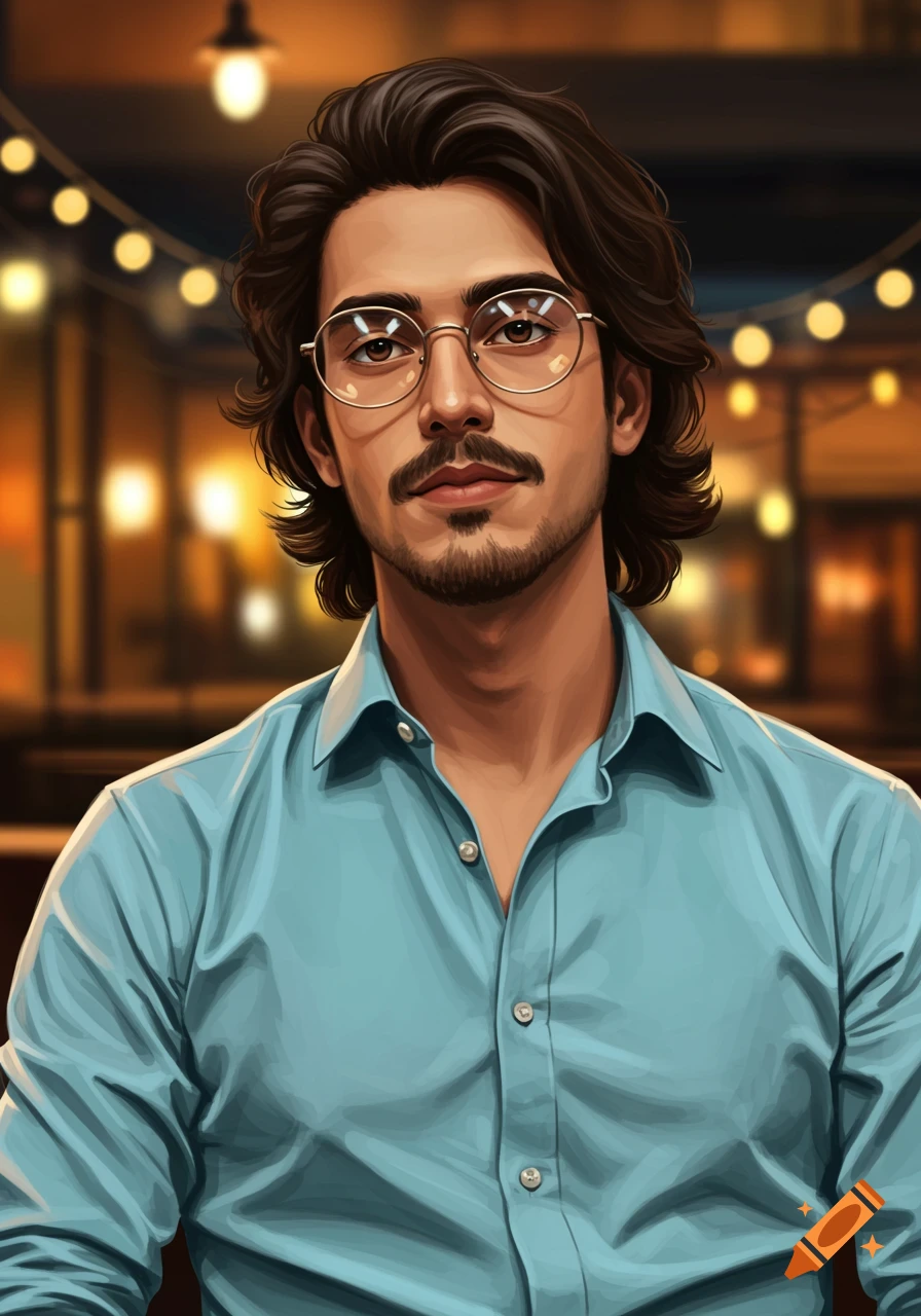 Digital illustration of a man with dark hair, glasses, beard, and mustache, wearing a light blue shirt, against a blurred background with warm lights.