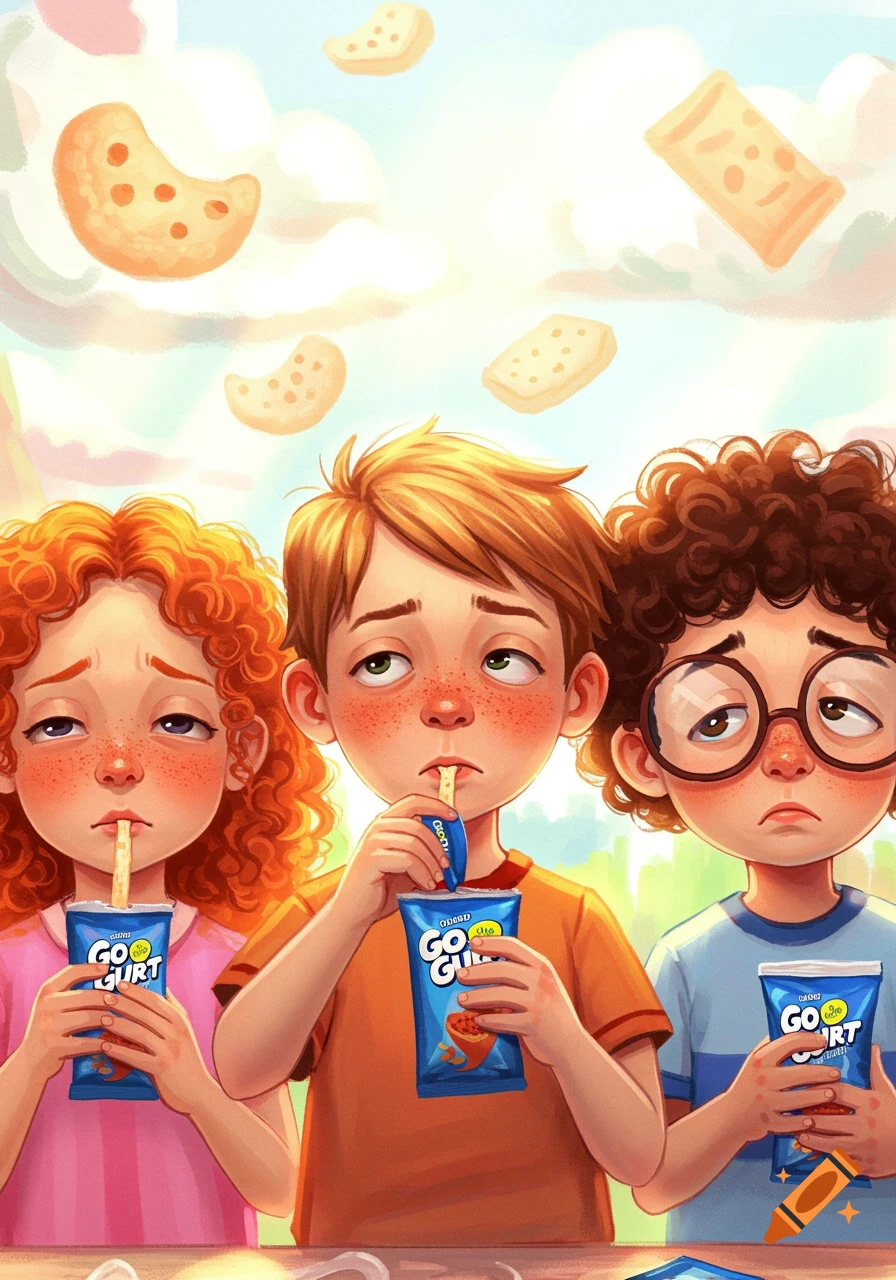 Three unhappy children with red and brown curly hair, looking displeased while drinking Go-GURT pouches. Flying cookie shapes are in the background.