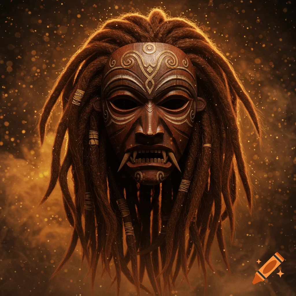 A detailed wooden tribal mask with fangs and intricate carvings, surrounded by long, dark dreadlocks, against a sparkling, fiery background.