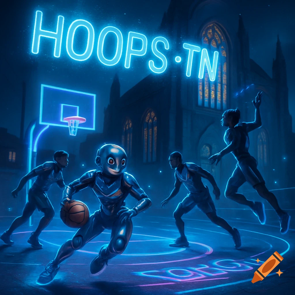 A futuristic robot and human players play basketball at night on a neon-lit court, with a large glowing 'HOOPS TN' sign above a gothic church in the background.