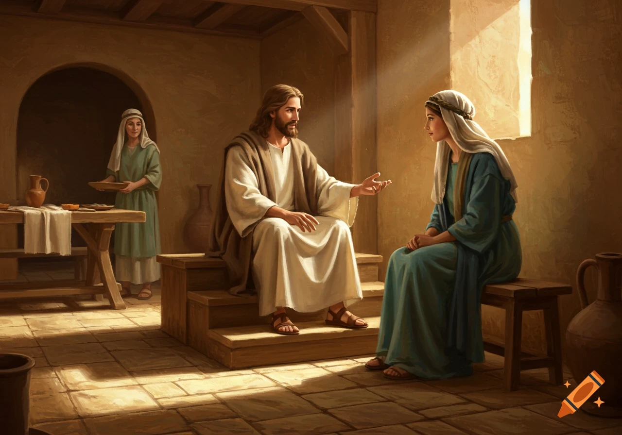 Jesus teaches Mary sitting at his feet, while Martha serves tables in the background of a sunlit, ancient room, depicted in a painterly style.