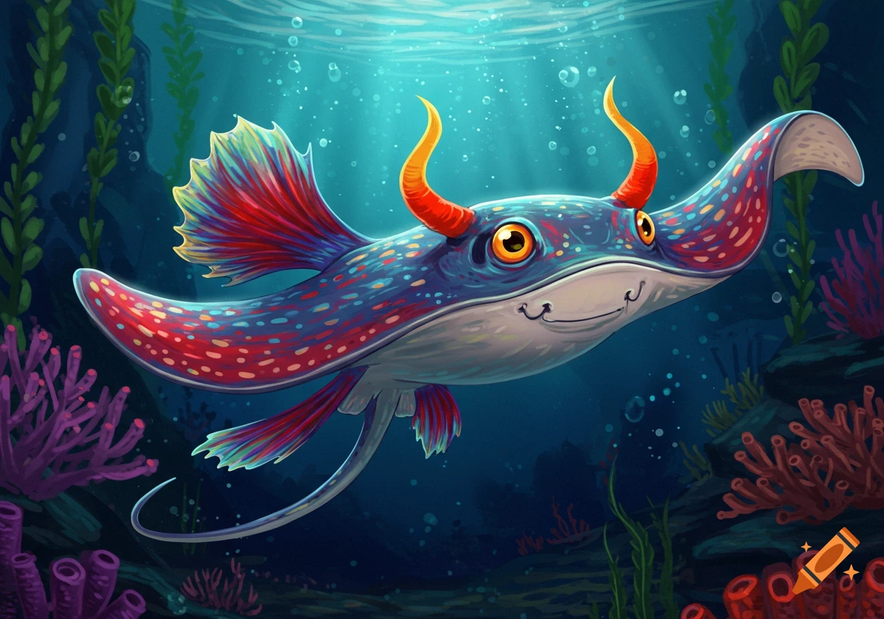A colorful, cartoonish stingray-like creature with orange horns and red-blue fins swims in a vibrant underwater scene with coral and plants.