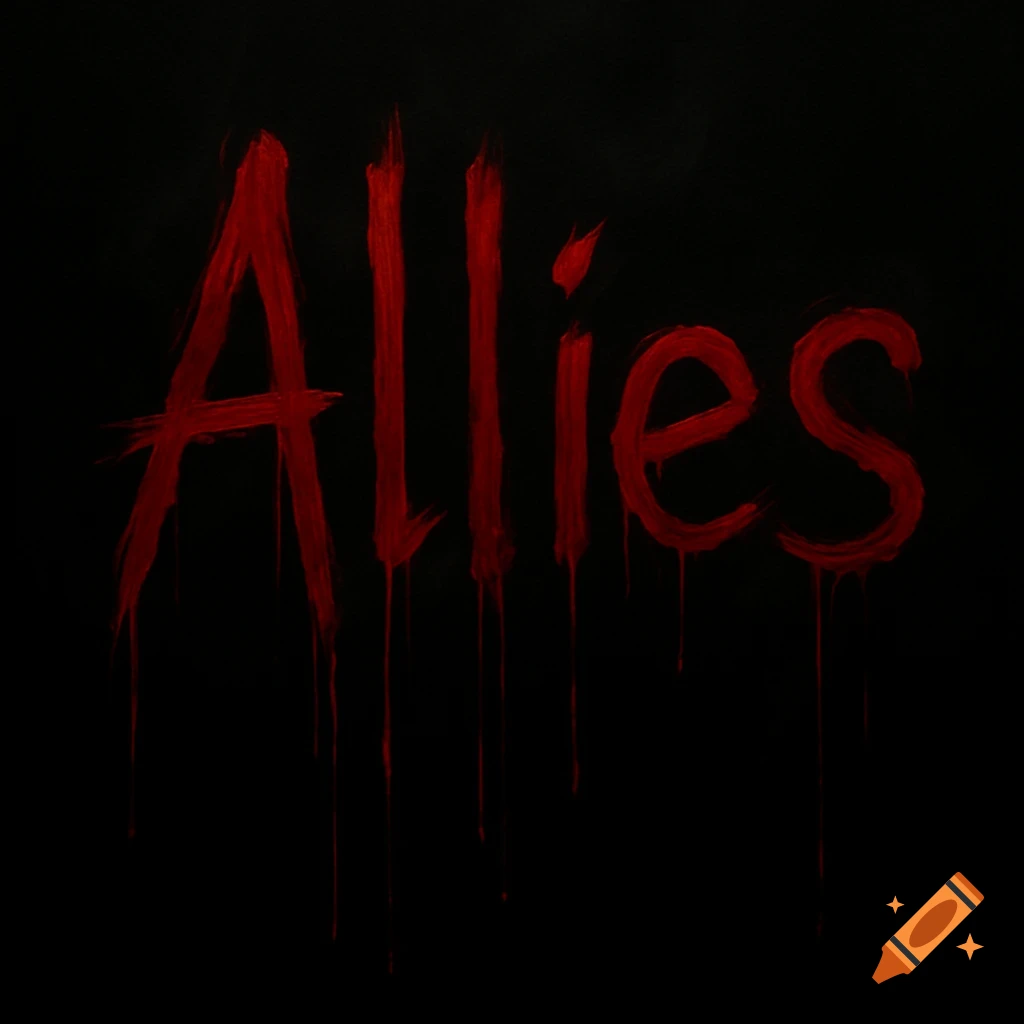 The word 'Allies' written in dripping red, blood-like letters on a solid black background.