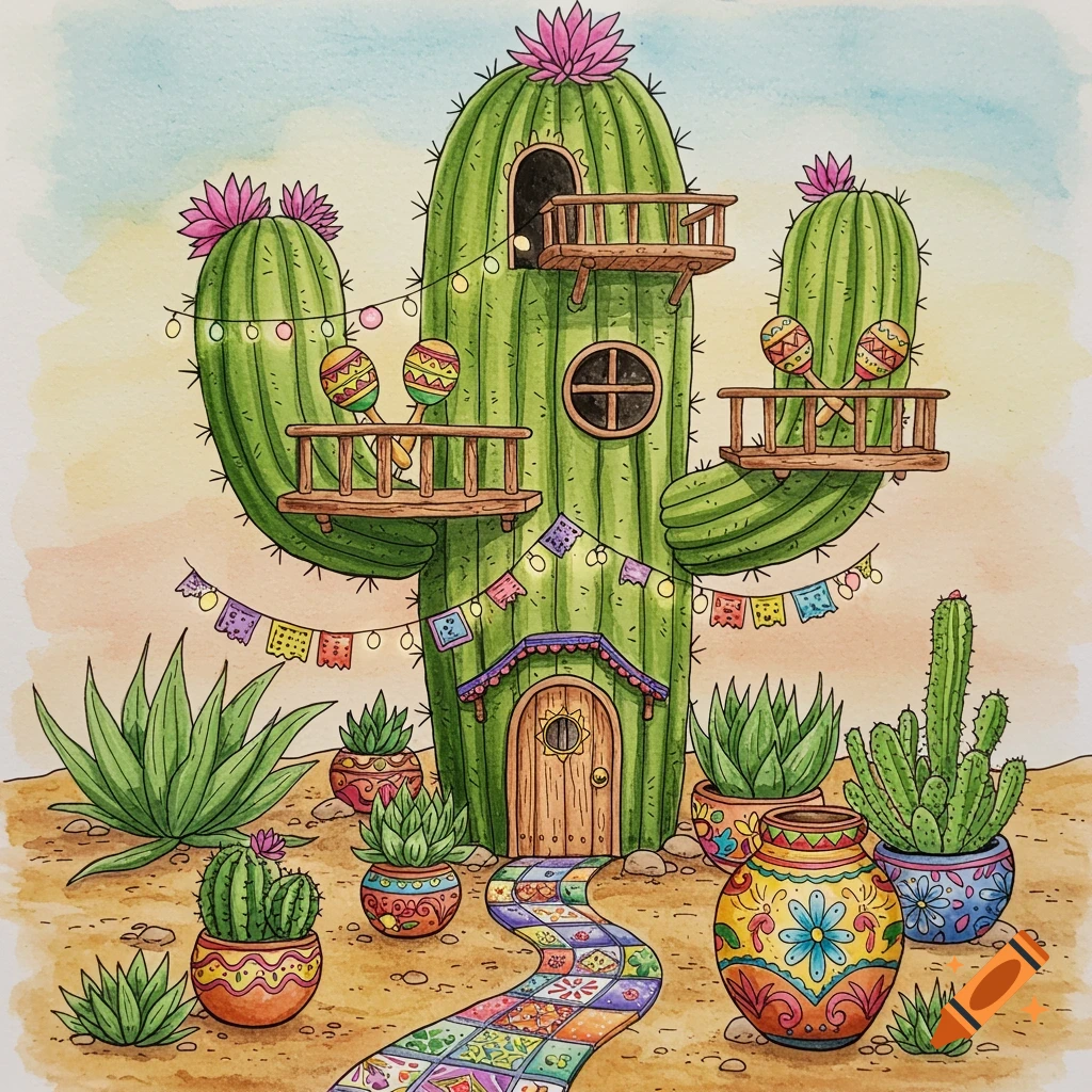A vibrant illustration of a whimsical cactus fairy house decorated with colorful bunting, maracas, and patterned pots in a desert landscape.