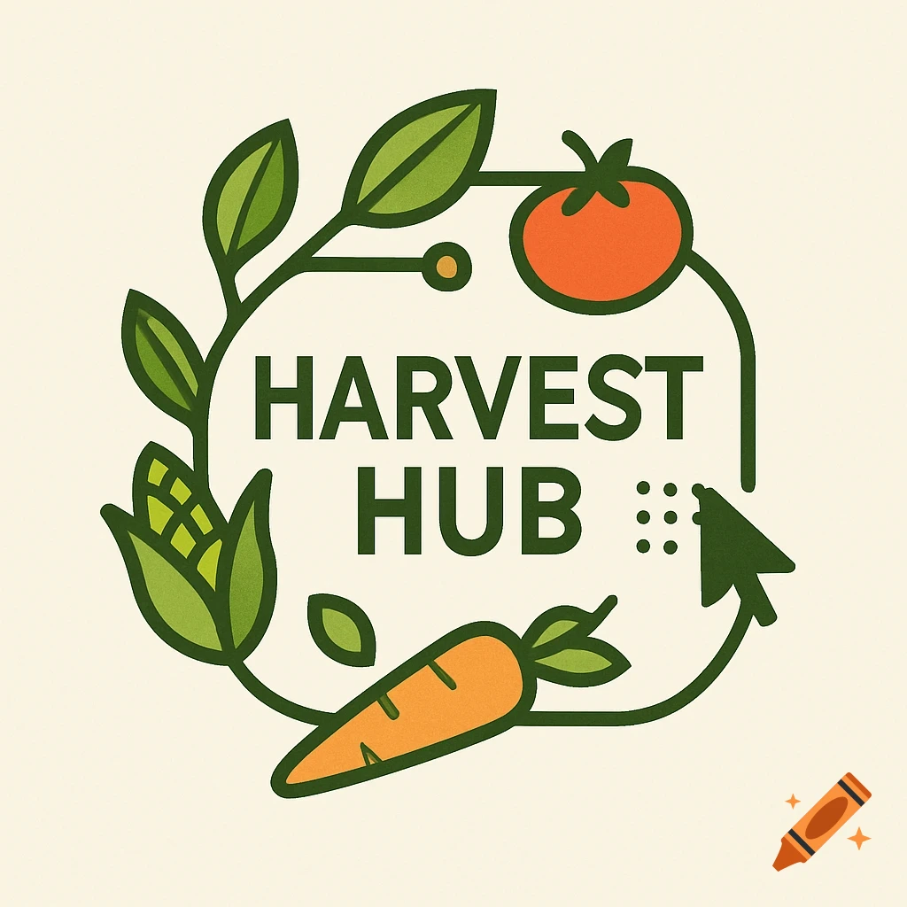 A 'Harvest Hub' logo with green text, surrounded by a green vine, corn, carrot, tomato, and a digital arrow.