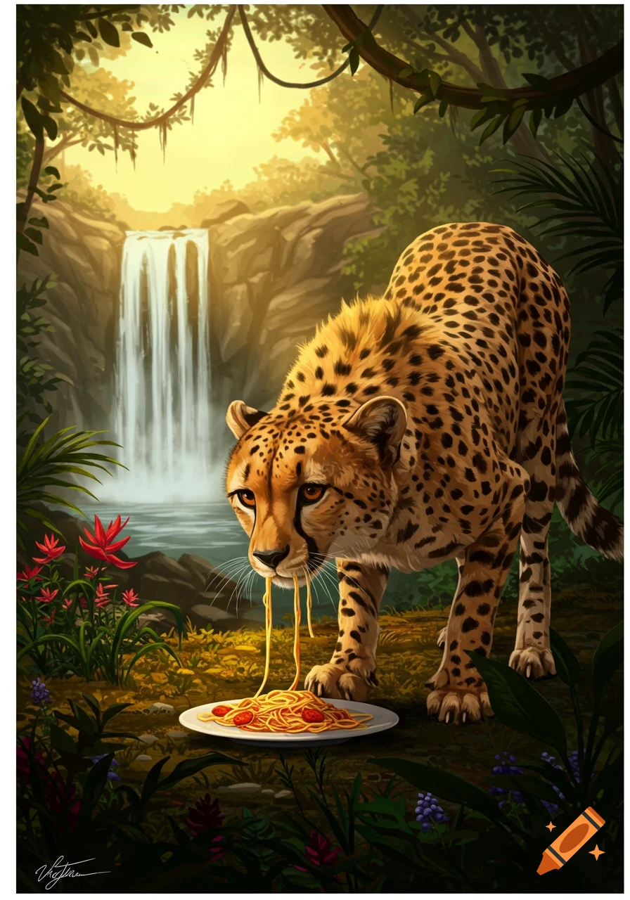 An illustration of a cheetah eating spaghetti from a plate in a lush jungle with a waterfall.