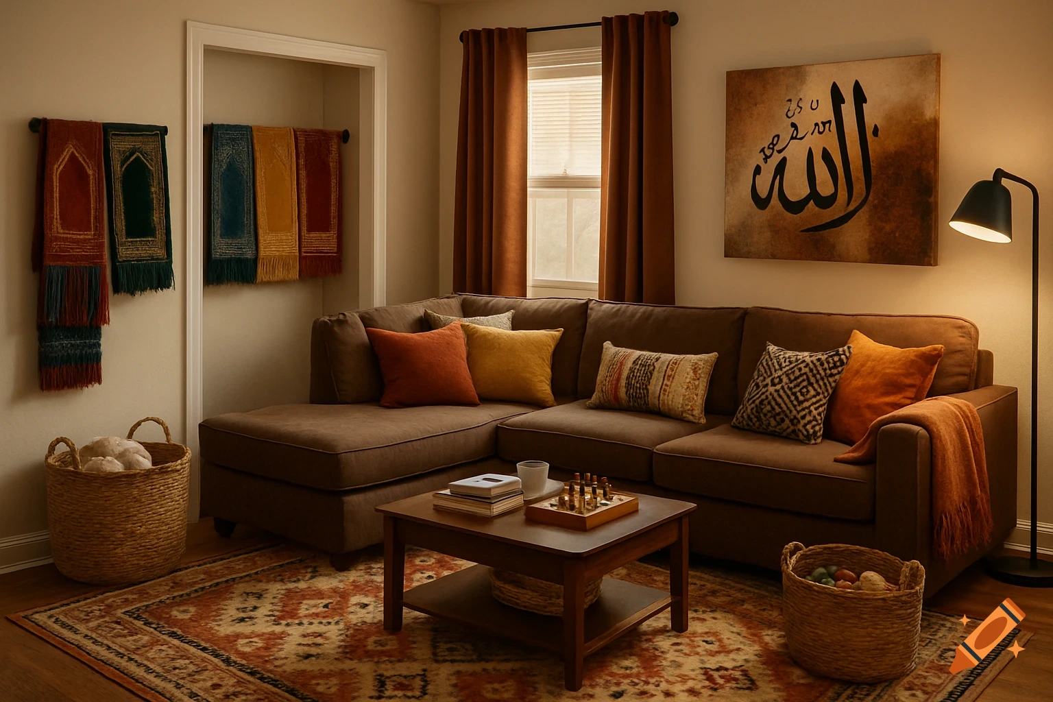 A warm, cozy living room corner with a brown sectional, patterned rugs, hanging prayer rugs, and Islamic calligraphy art.