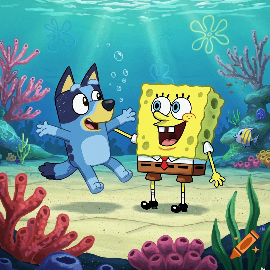 Bluey and Spongebob SquarePants happily meet underwater amidst colorful coral.