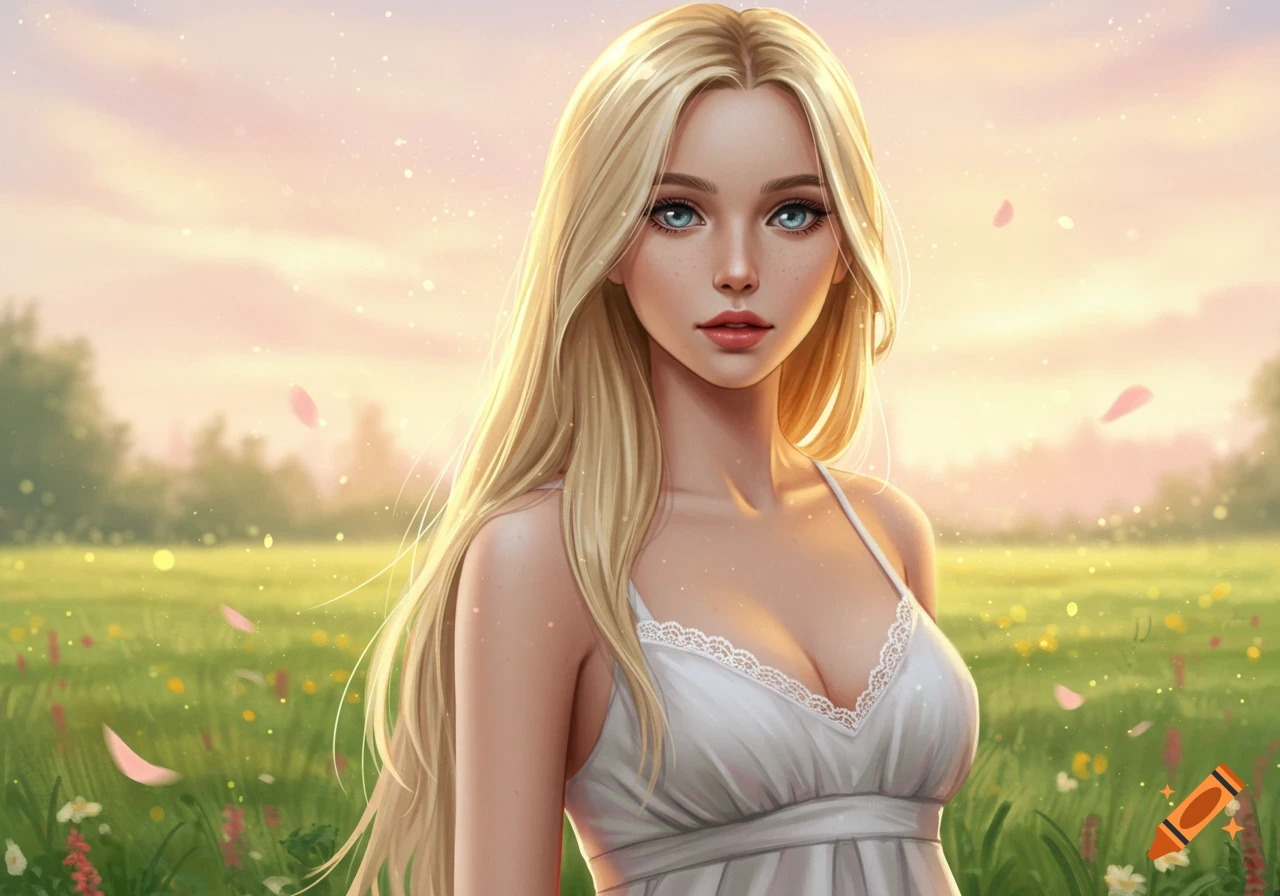 Digital art portrait of a blonde woman with blue eyes in a white dress, standing in a sunny field with pink petals.