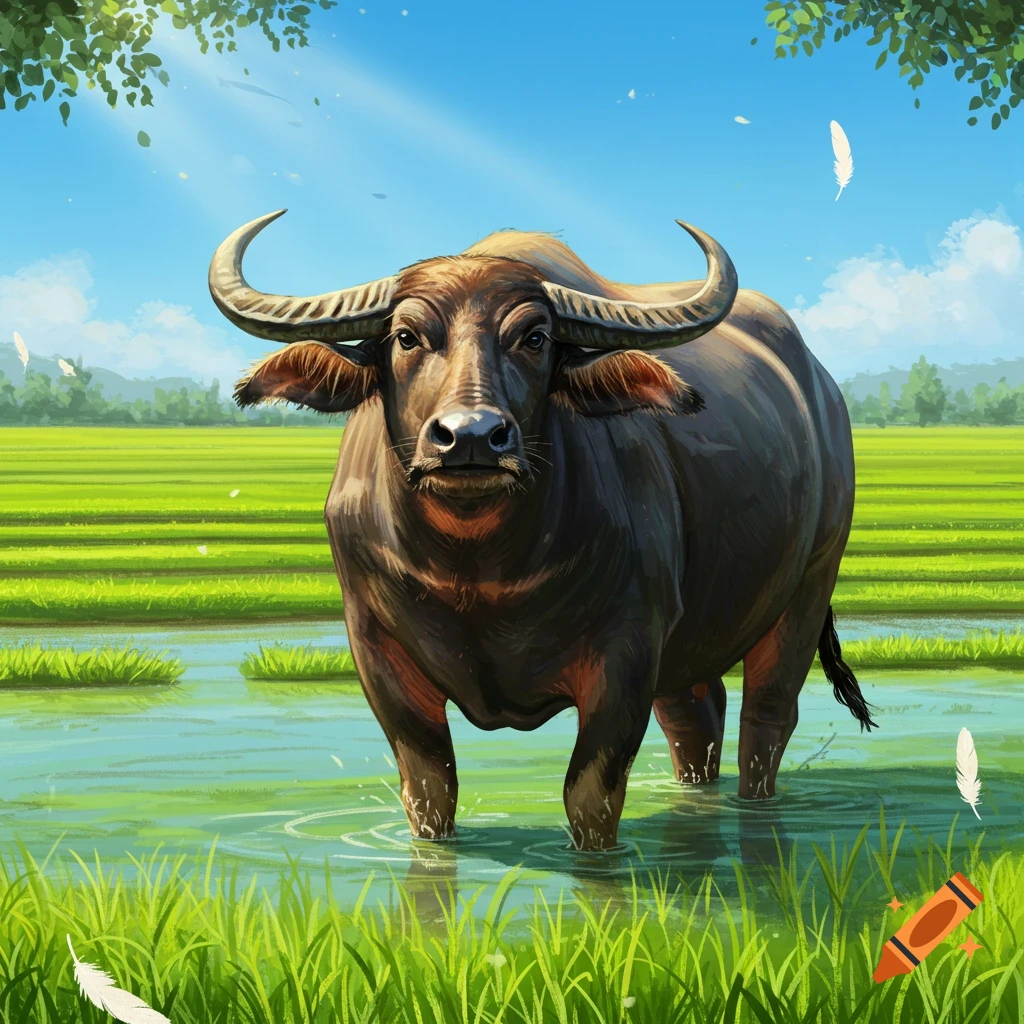 A large brown water buffalo stands in a flooded green rice paddy field under a bright blue sky with sunlight filtering through leaves.