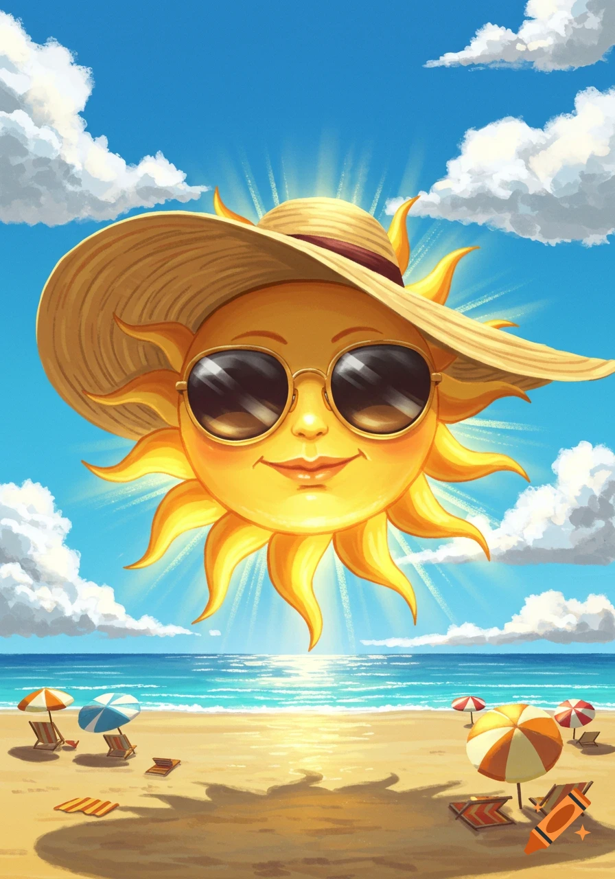 A cartoon sun wearing a straw hat and sunglasses smiles over a vibrant beach scene with umbrellas and the ocean.
