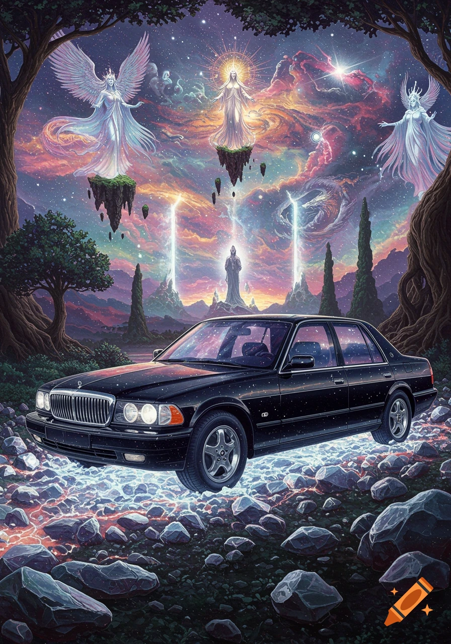 A sleek black sedan made of night sky and celestial magic hovers over glowing cosmic stones, with ethereal guardians and swirling galaxies overhead.