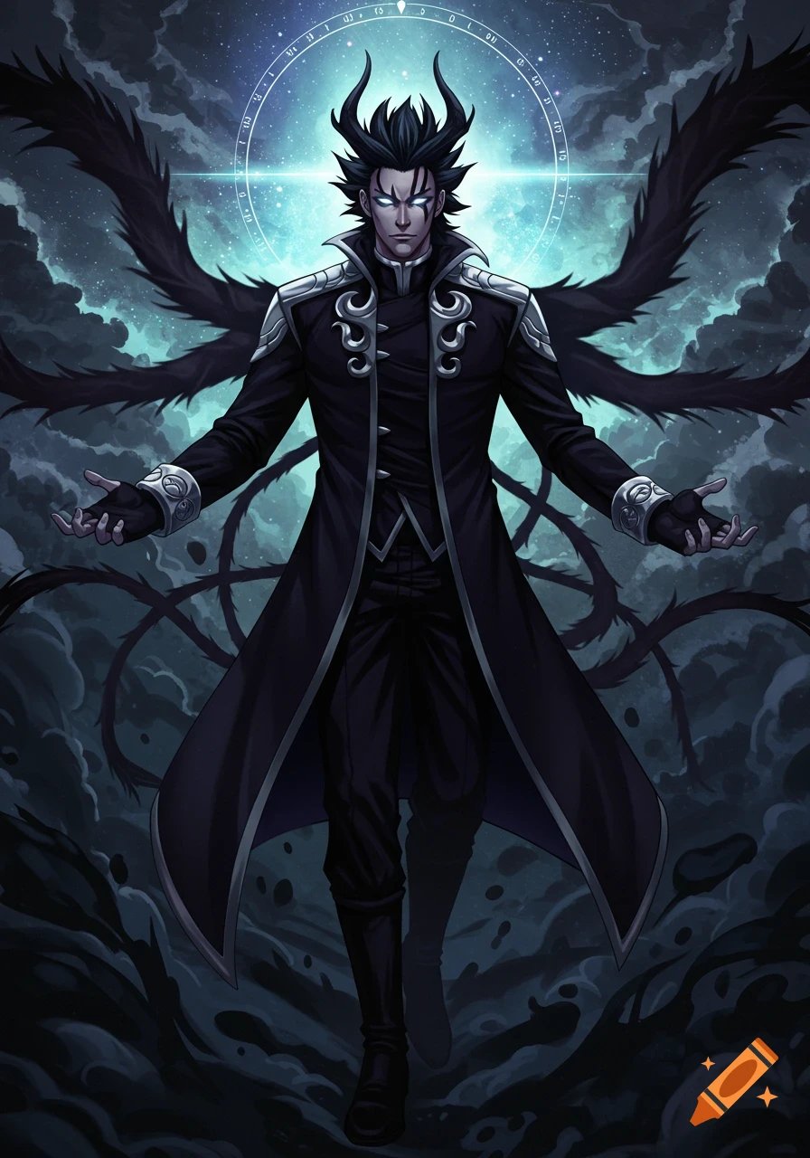 An anime character with glowing eyes, spiky hair, and a long black coat stands with outstretched arms amidst swirling shadows and a cosmic halo.