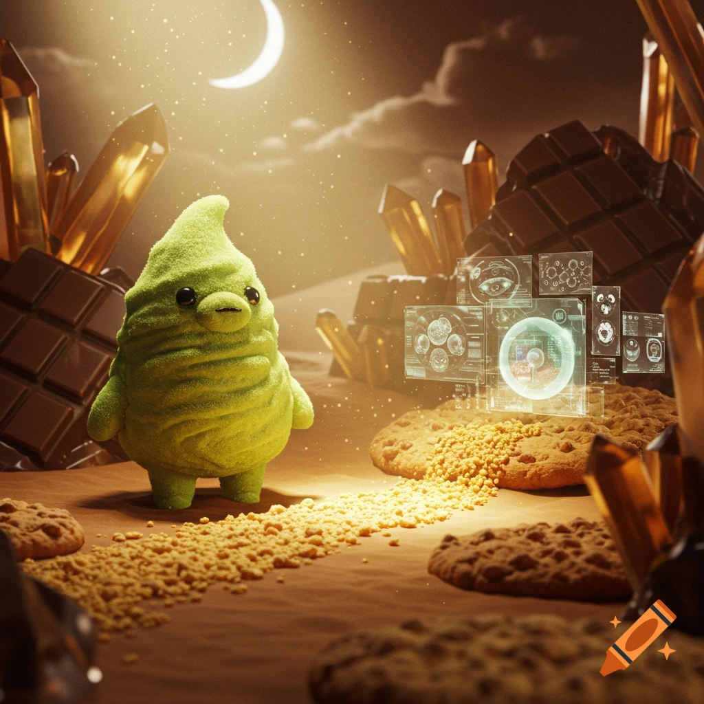 A fuzzy green creature stands in a fantasy dessert landscape with chocolate bars, cookies, and glowing crystals under a crescent moon.
