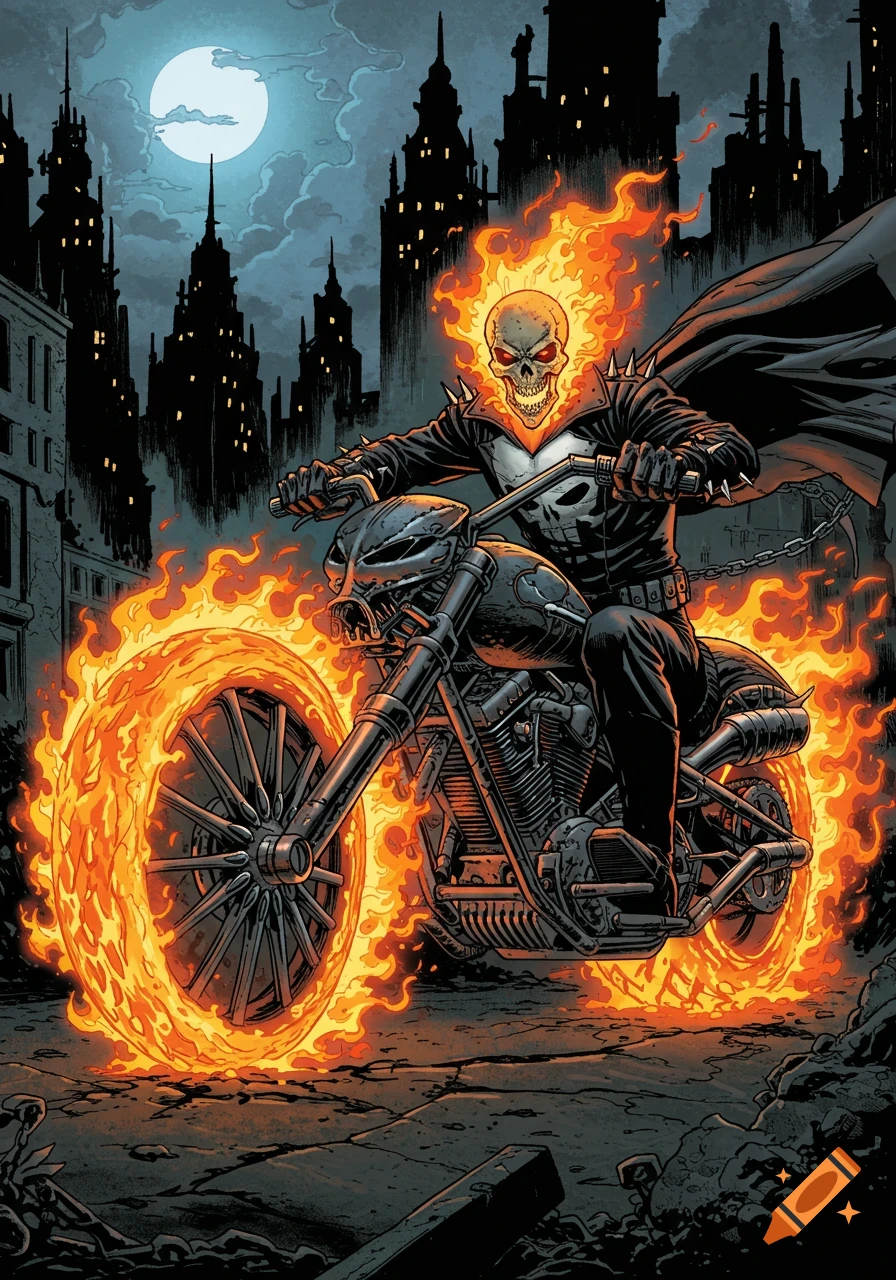 A flaming skull character riding a motorcycle through a dark city at night in a comic book style.