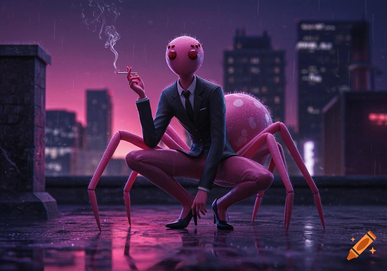 A pink spider-humanoid in a dark suit and high heels sits on a wet city rooftop, smoking a cigarette, with a blurred cityscape at dusk.
