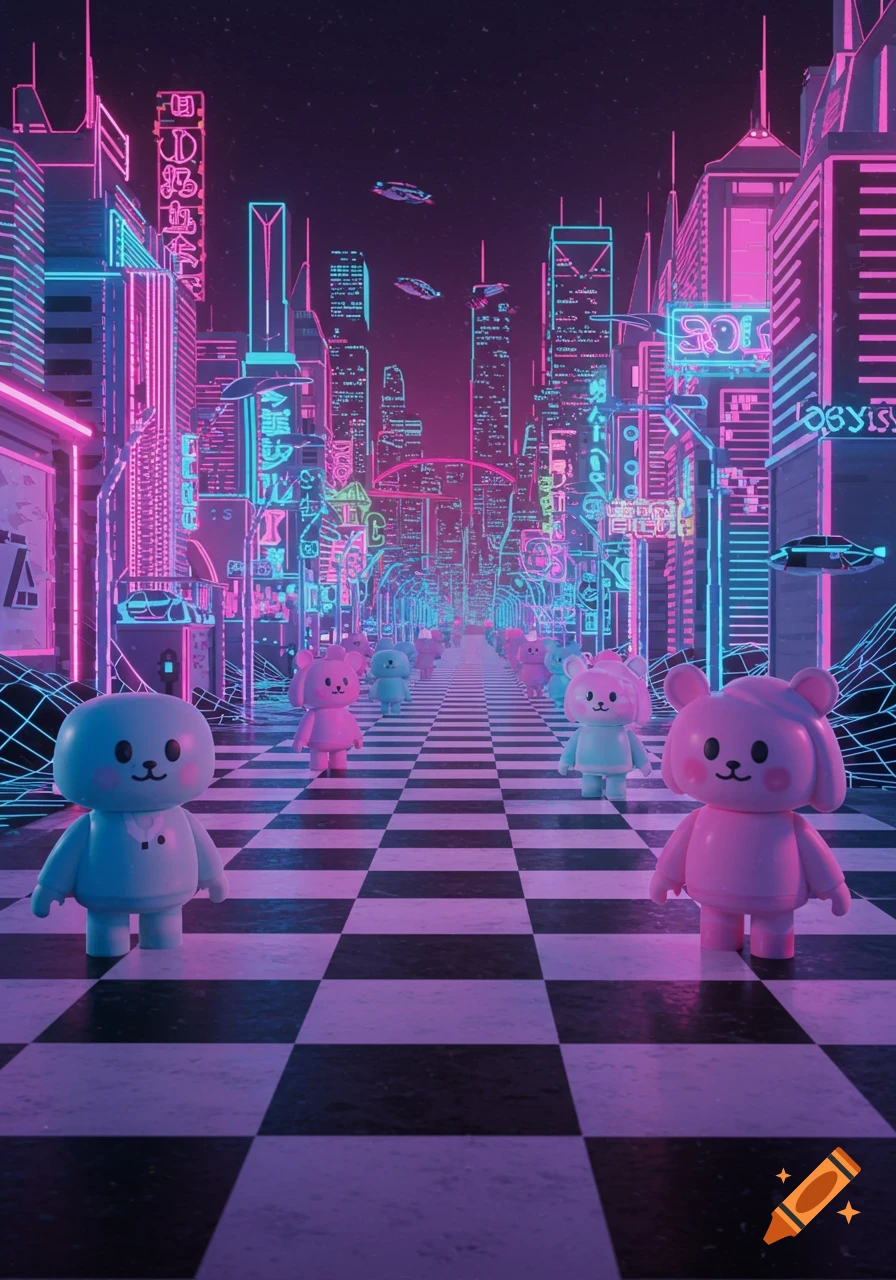 3D toy models, one blue and one pink, stand on a black and white checkered floor in a neon-lit futuristic cityscape with flying vehicles.