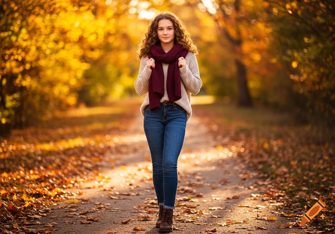 A young girl with curly hair, wearing a beige sweater, blue jeans, and a burgundy scarf, walks on a leaf-strewn path in an autumn park.