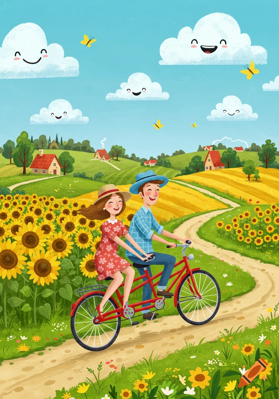 A happy couple rides a red tandem bike through a vibrant sunflower field, with smiling clouds in the sky, in a colorful illustration.