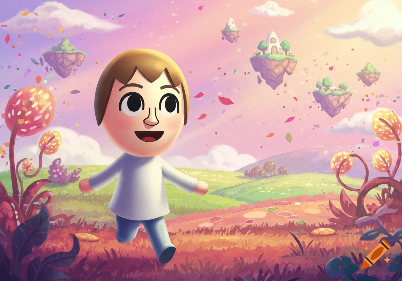 A cheerful Mii character runs through a vibrant fantasy landscape with floating islands and colorful plants under a pastel sky.