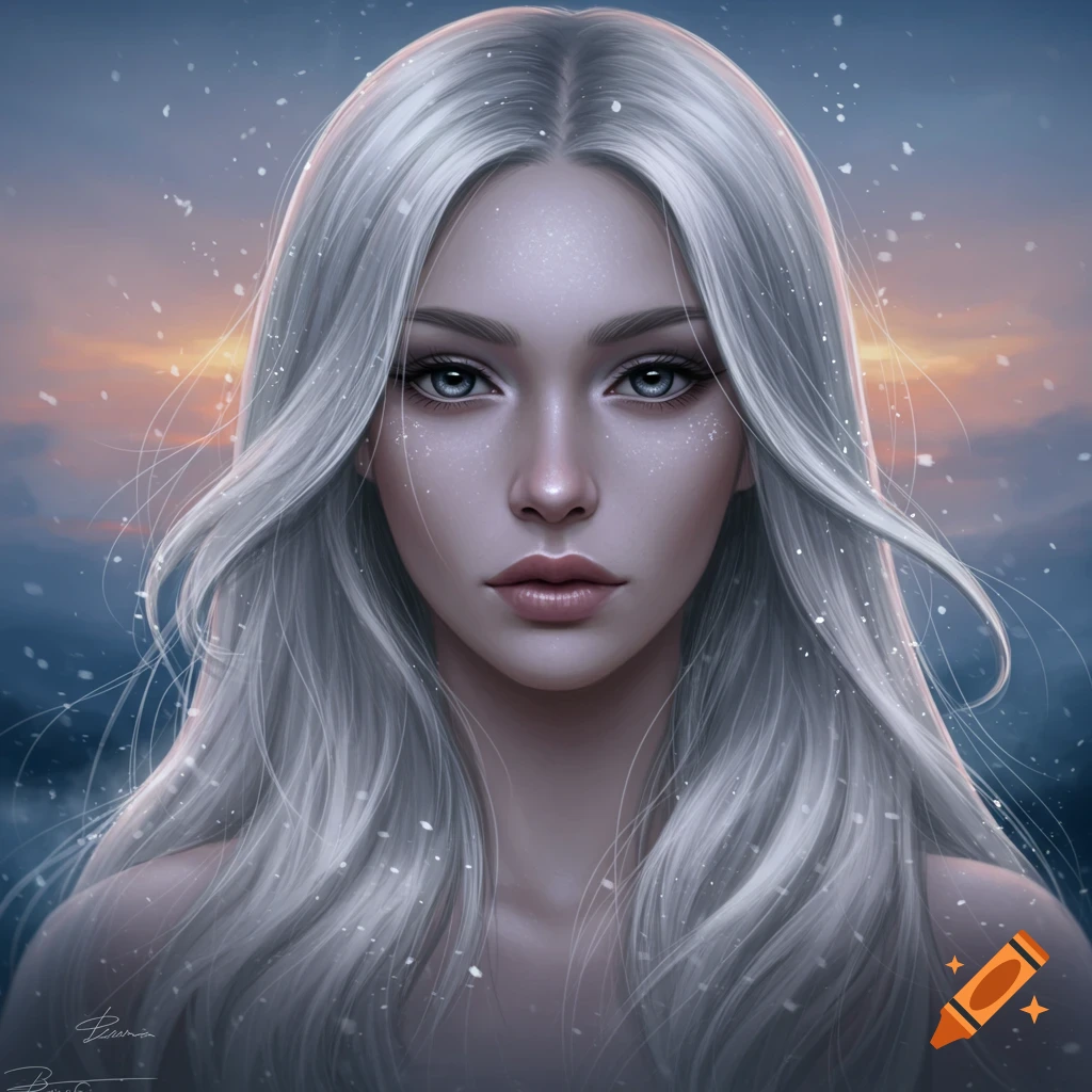 Close-up digital art portrait of a woman with long silver hair and grey eyes, with snow falling against a sunset sky.