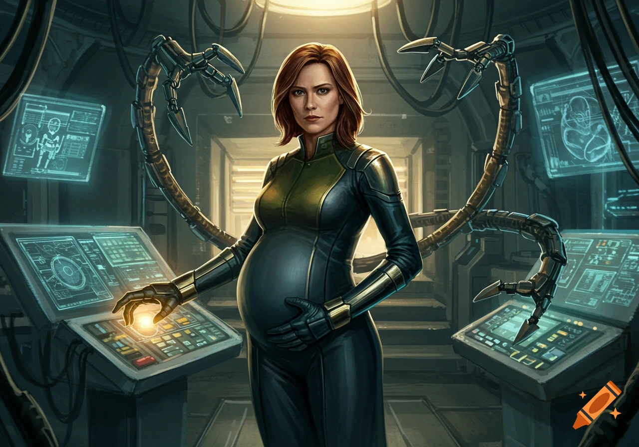 A pregnant woman in a futuristic black and green suit stands in a sci-fi lab with mechanical arms and glowing computer screens.