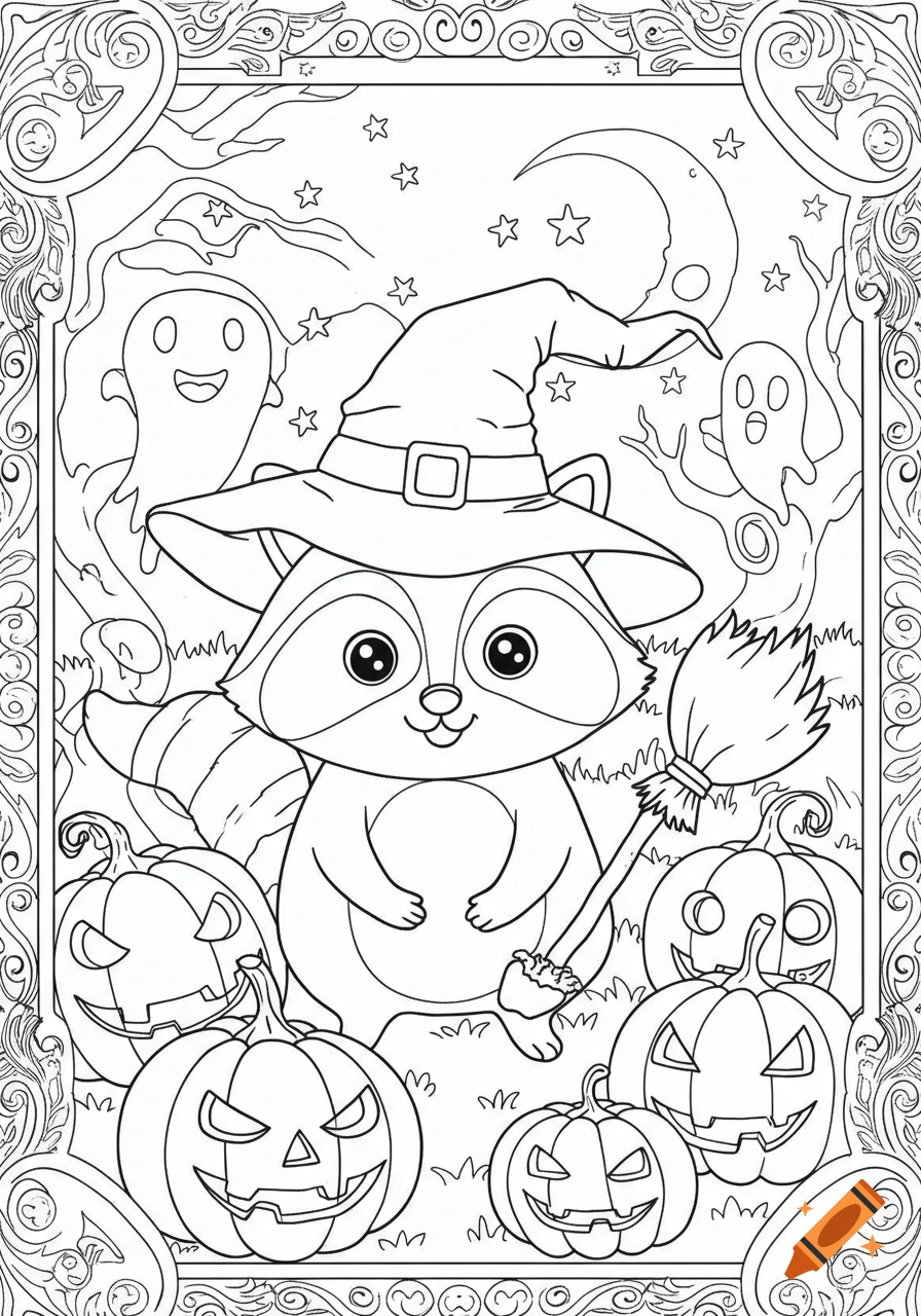 Black and white Halloween coloring page featuring a cute raccoon in a witch hat with pumpkins, ghosts, and a broom.