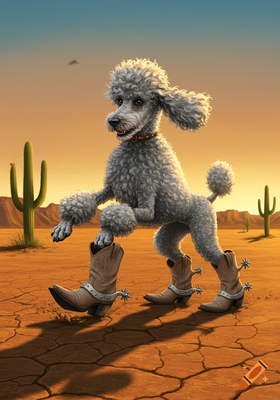 A silver poodle wearing cowboy boots walks across a cracked desert landscape with cacti and mountains under an orange and blue sky.