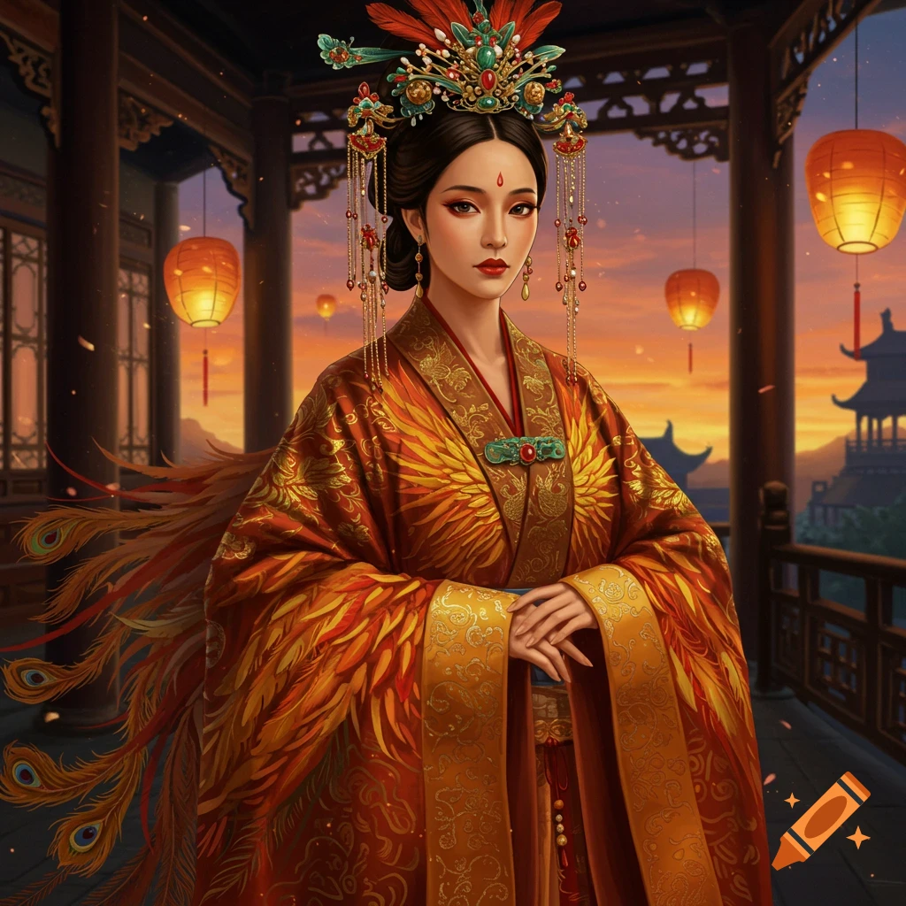 A majestic portrait of a Chinese empress in a vibrant phoenix-embroidered robe and ornate headdress, standing on a balcony at sunset with lanterns.