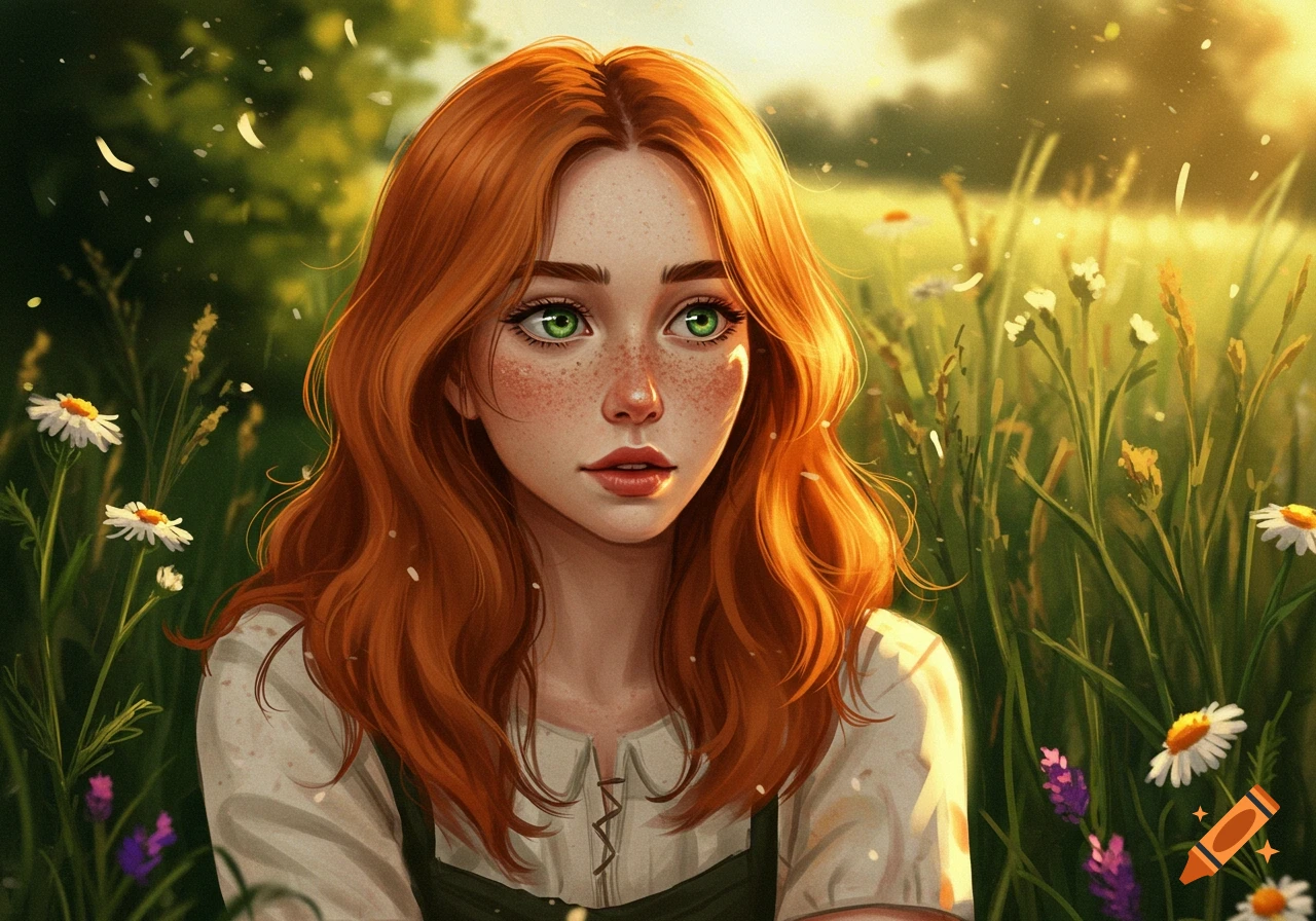 A fantasy portrait of a red-haired woman with green eyes and freckles, sitting in a sunny field of wildflowers.