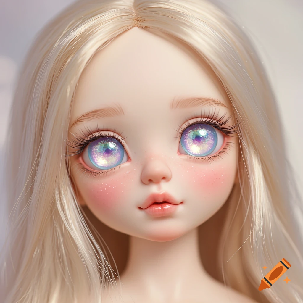 Close-up portrait of a beautiful doll's head with blonde hair, large sparkling eyes, and rosy cheeks.