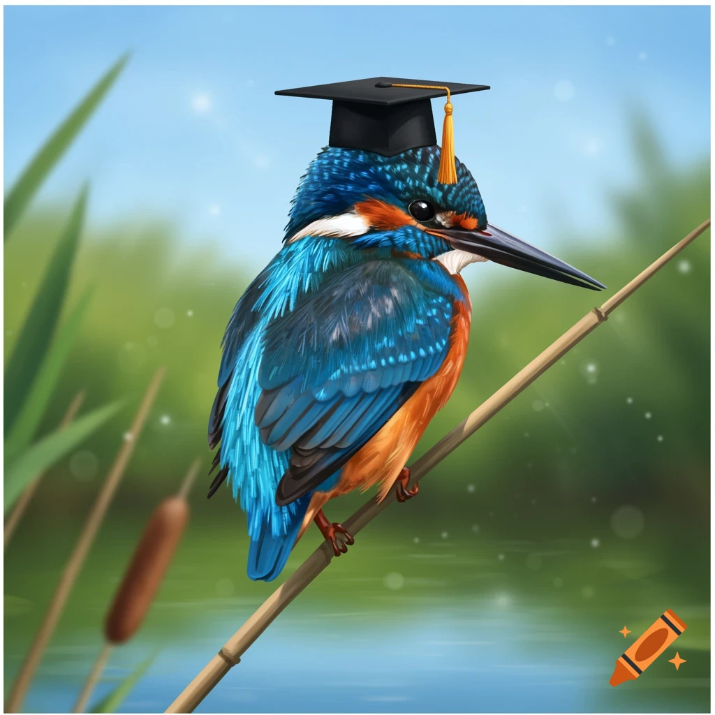 A colorful kingfisher wearing a graduation cap, perched on a branch above water. Digital illustration.
