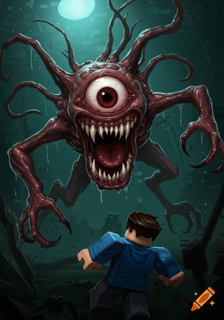 A large, one-eyed, tentacled monster with sharp teeth lunges at a blocky Roblox character in a dark, stylized scene.