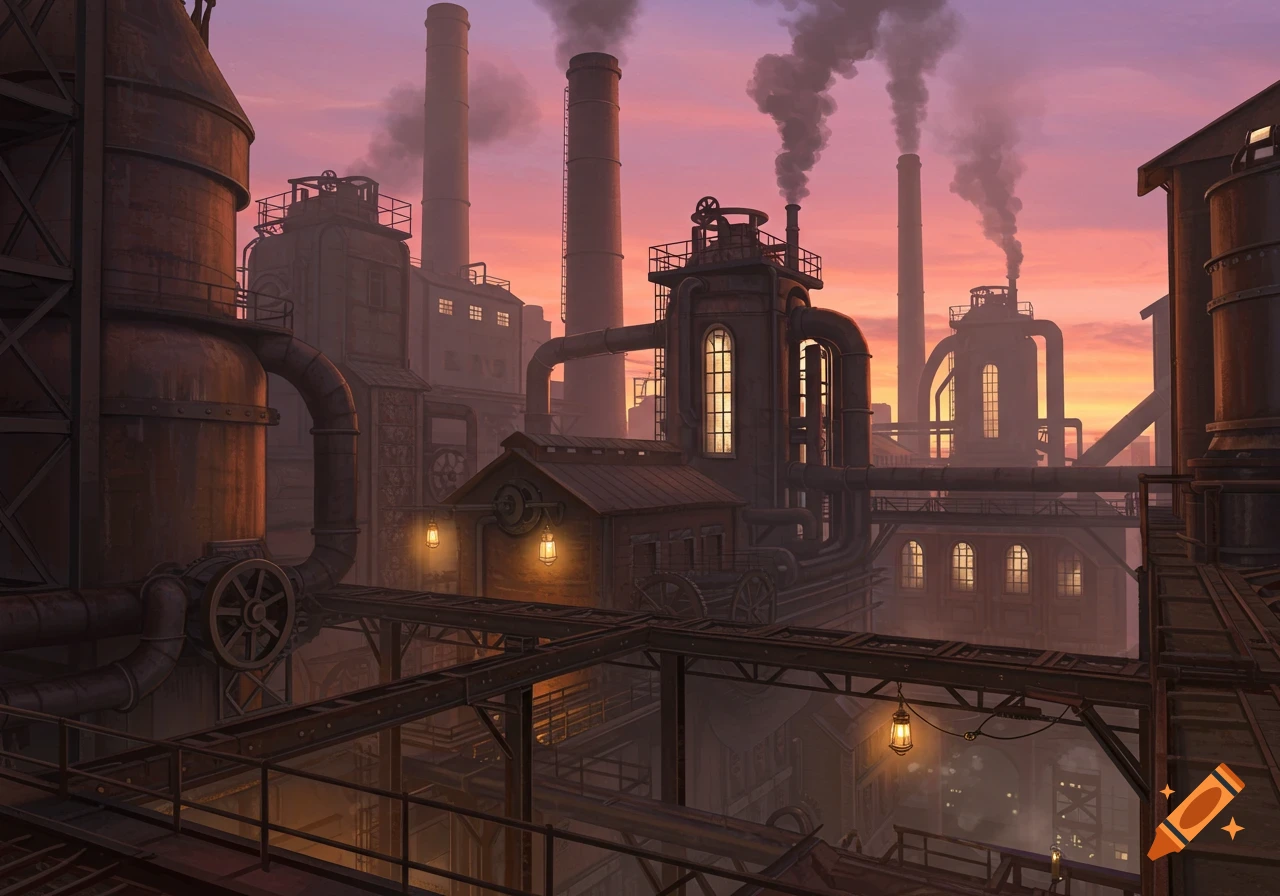 A detailed illustration of a large industrial factory with smokestacks and glowing windows, set against a vibrant orange and purple sunset sky.