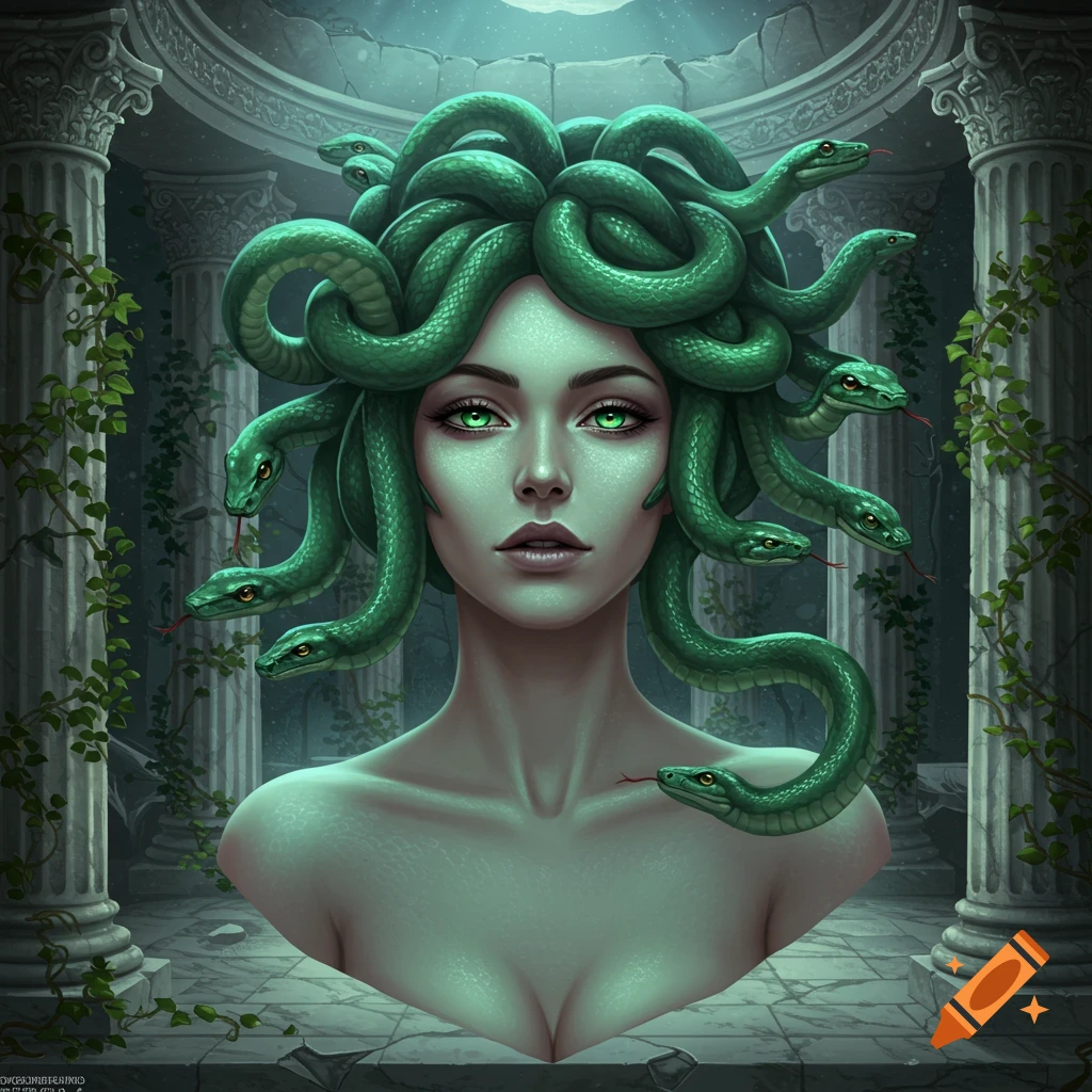 Close-up digital painting of Medusa with green skin, glowing green eyes, and snakes for hair in an ancient temple ruin.