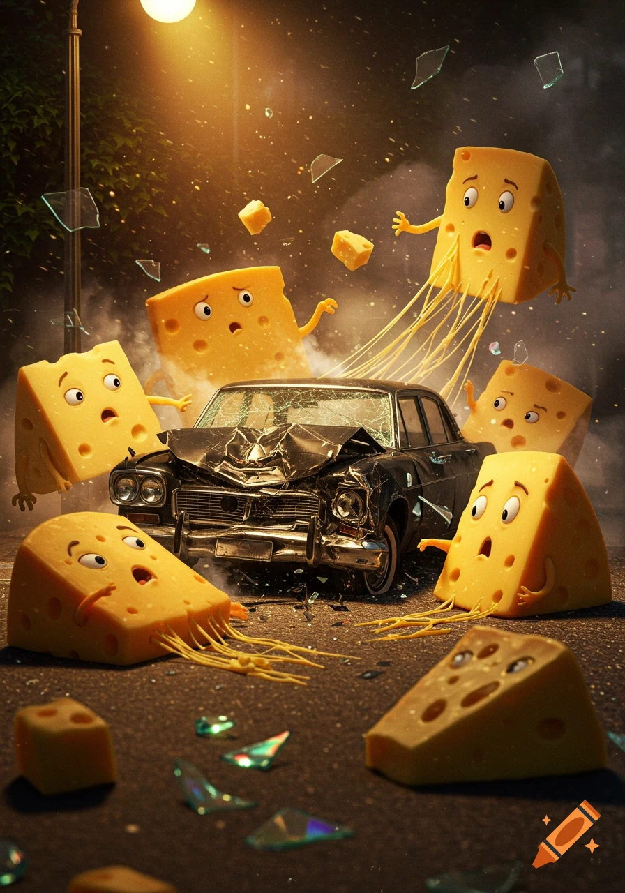 Cartoon cheese characters react to a dramatic car crash at night under a street light, with shattered glass and cheese goo.