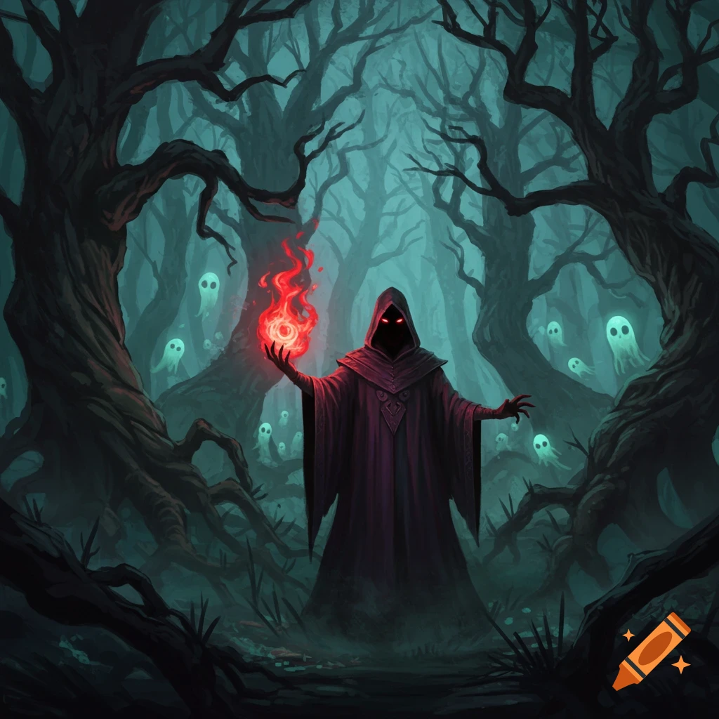 A hooded shadowy mage with glowing red eyes casts a fiery spell in a haunted, misty forest with floating white ghosts.