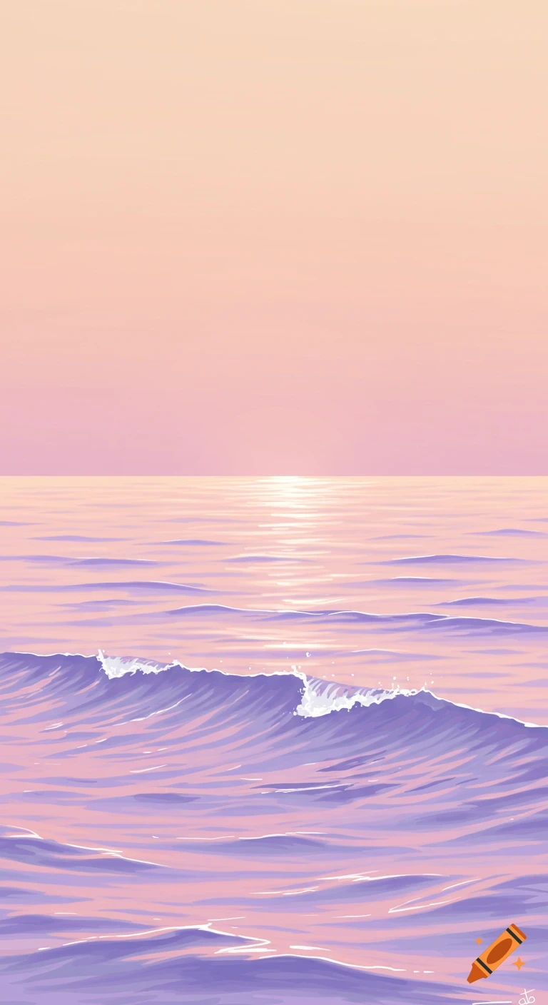 Minimalist illustration of a pastel pink and purple ocean at sunset with gentle waves reflecting the light.