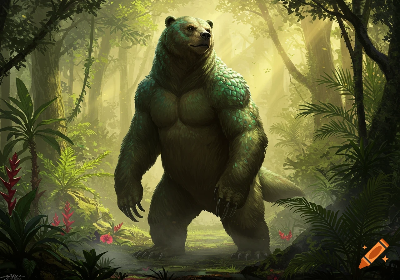 A large, muscular green bear-like creature with scales stands in a lush, sunlit jungle.