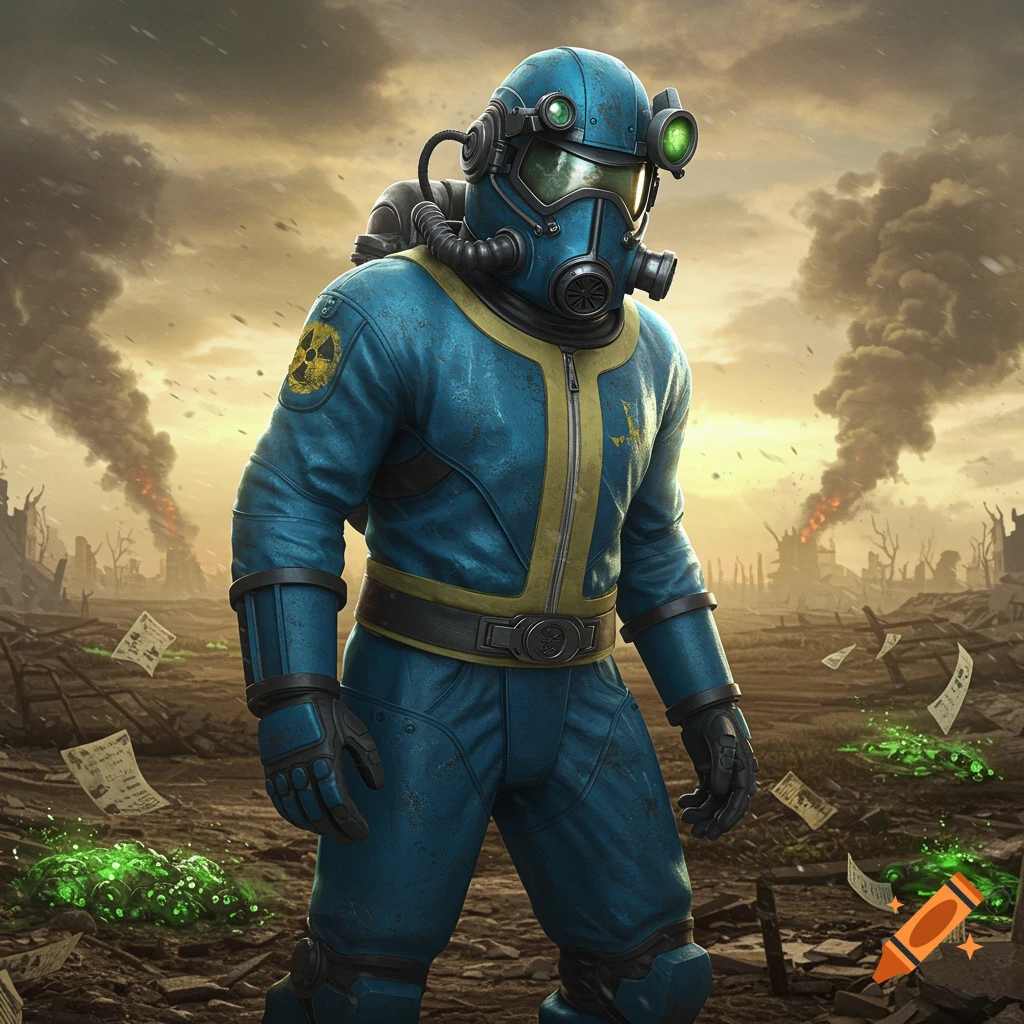 A figure in a blue and yellow Vault-Tec hazmat suit stands in a desolate, smoke-filled post-apocalyptic wasteland with glowing green puddles.