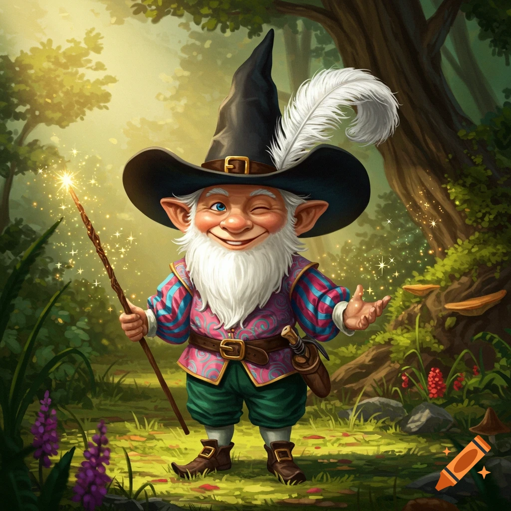 A mischievous gnome with a white beard, wearing a black wizard's hat with a feather and a pink and blue patterned blouse, wields a sparkling magic wand in a whimsical forest.