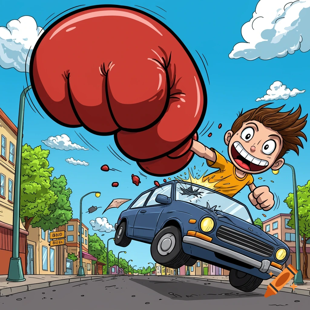 Humorous cartoon illustration of a man with an oversized red boxing glove punching a car on a city street.