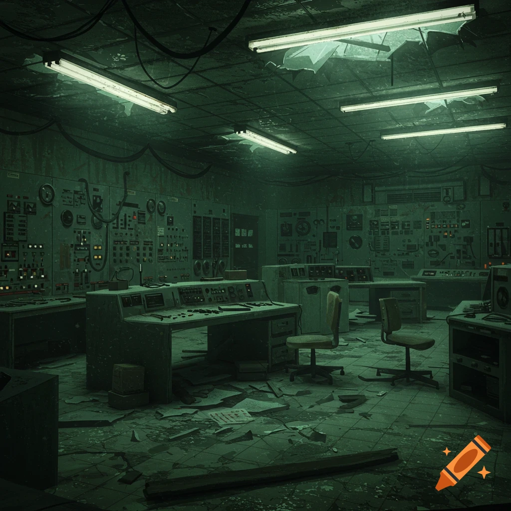 An eerie, abandoned secret government laboratory with control panels, desks, broken chairs, and debris, bathed in a green glow from flickering fluorescent lights.