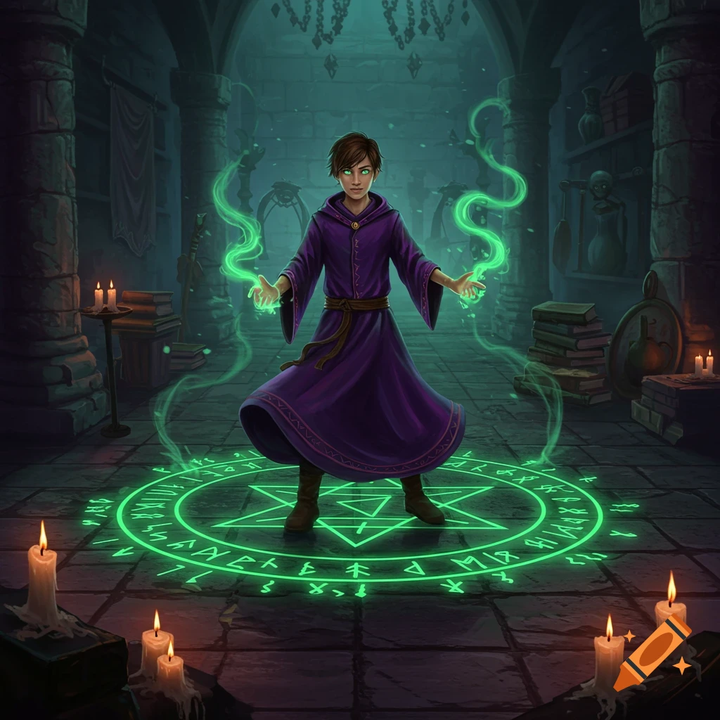 A young wizard in a purple robe stands in a dark chamber, casting a spell over a glowing green summoning circle on the floor, surrounded by candles.