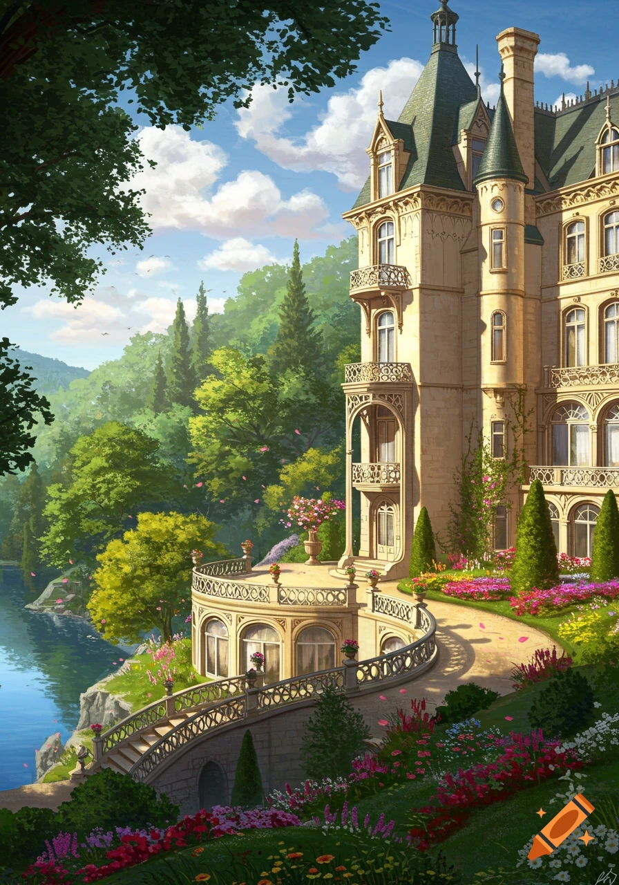An elaborate Art Nouveau chateau with green roofs sits by a serene lake, surrounded by lush trees and vibrant flower gardens.