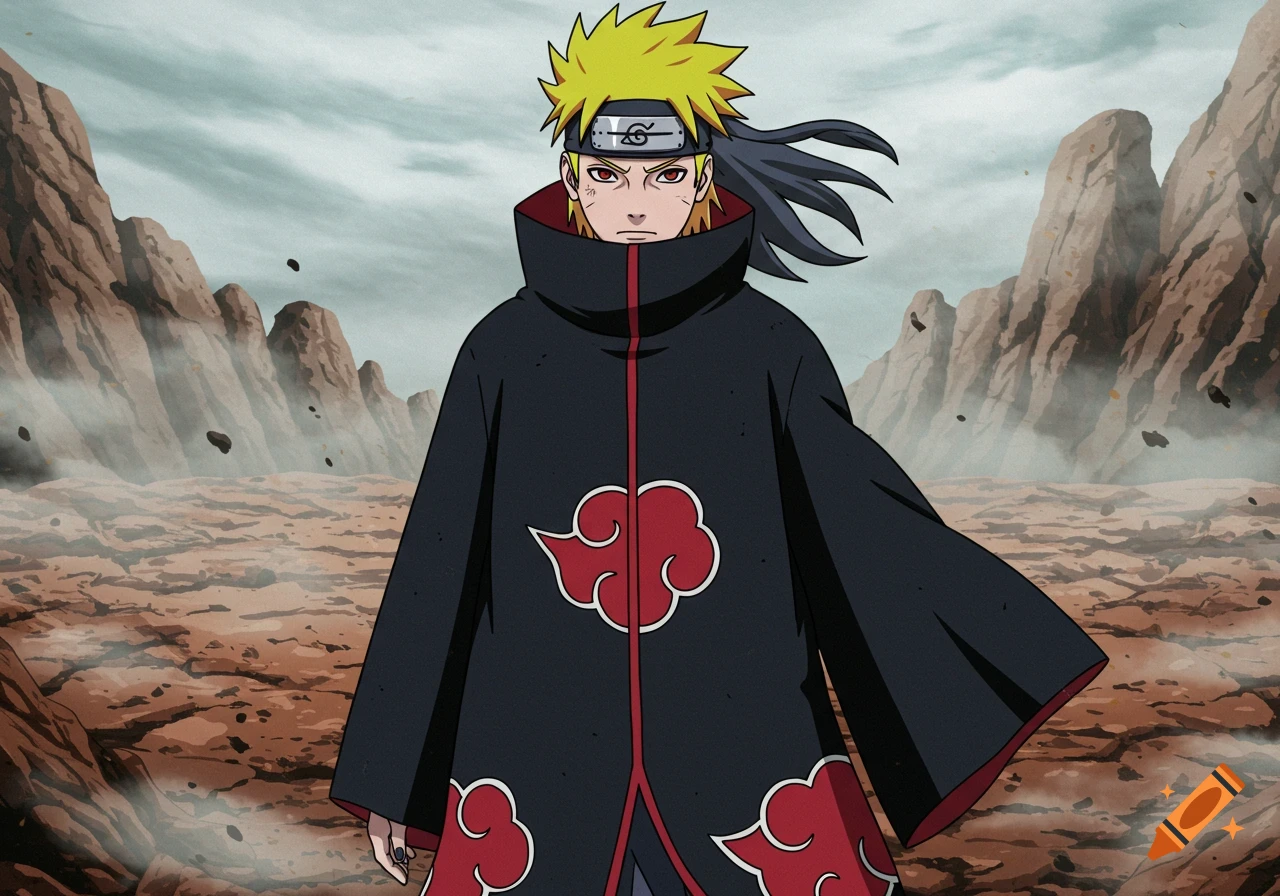 An anime character resembling Naruto Uzumaki, with spiky blond hair and red eyes, stands in an Akatsuki cloak in a rocky, desolate landscape.