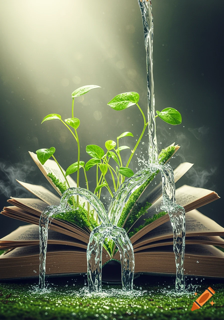 Water pours from above and from the center of an open book, from which green plants are growing.