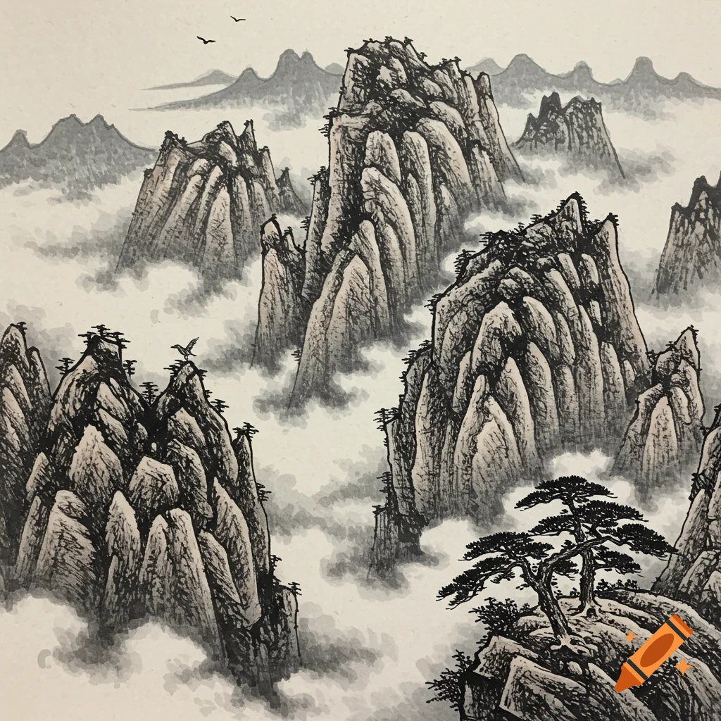 A monochromatic Chinese ink wash painting depicting towering mountains shrouded in mist, with birds flying and a pine tree on a foreground peak.
