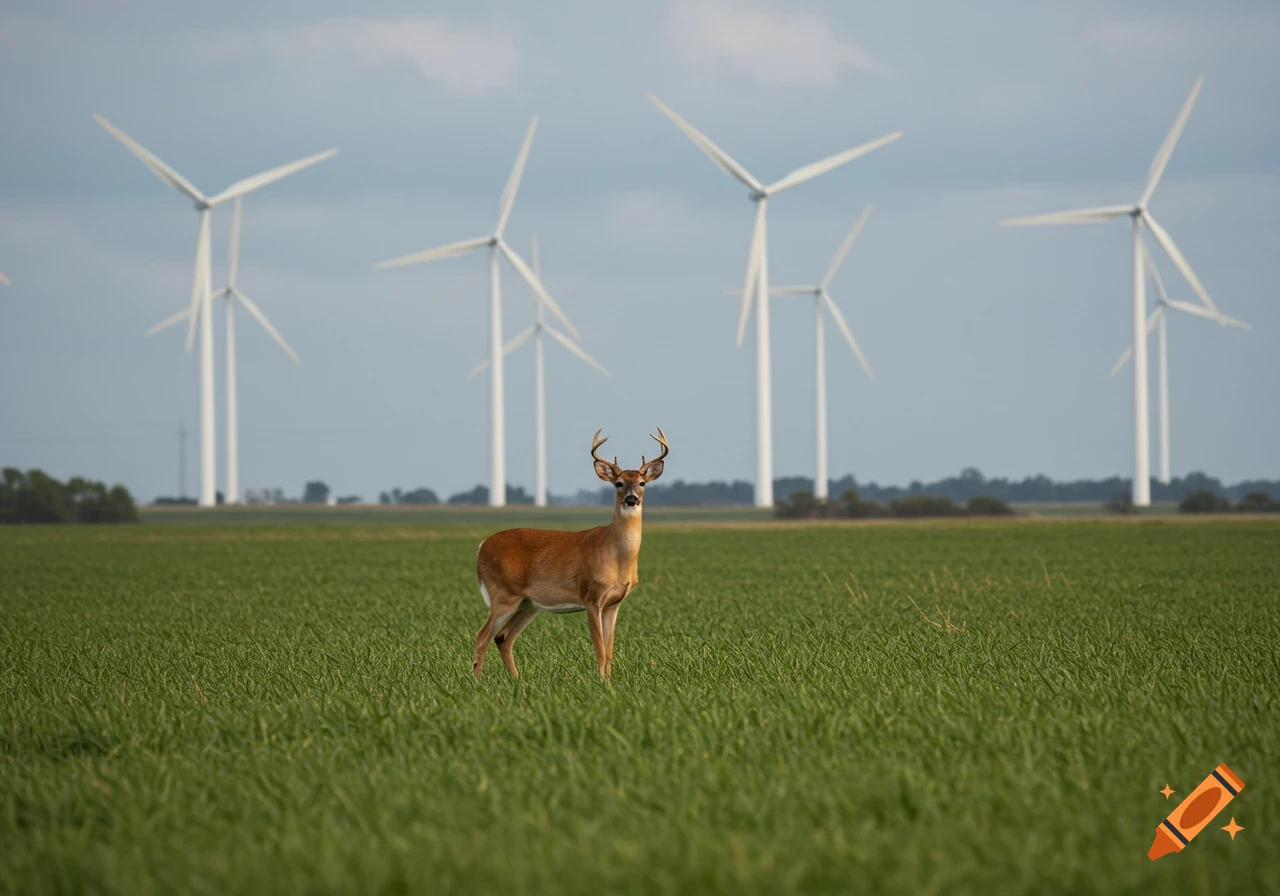 A white-tailed deer stands in a green grass field with large white wind turbines in the background.